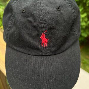 Polo Ralph Lauren Hat with Leather Strap Back Black with Red Pony Dad Hat